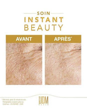 Load image into Gallery viewer, Before and after skin texture comparison for 'Soin Instant Beauty' by JDM Paris, showing textured skin labeled 'AVANT' and smoother skin labeled 'APRÈS' on a white background.